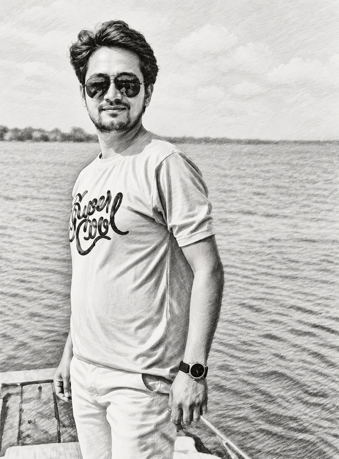 Pencil-style drawing of Samir standing on a riverboat deck, in sunglasses and a t-shirt