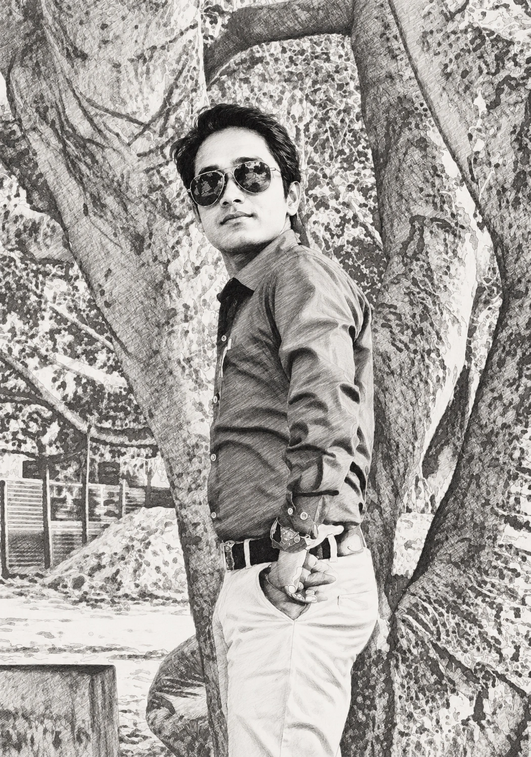 Pencil-style drawing of Samir in a shirt beside a large tree on the school grounds